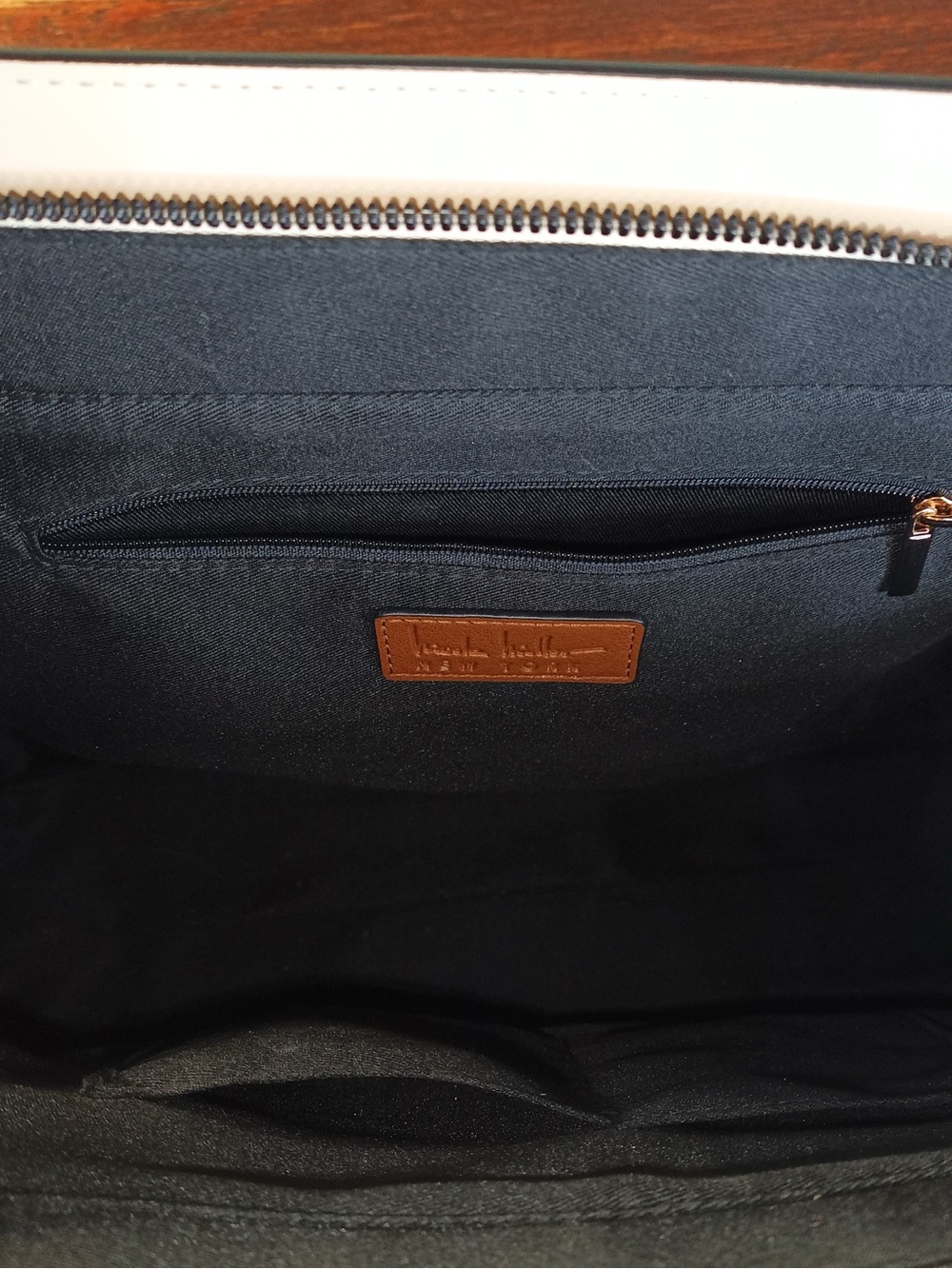 Nicole Miller Satchel with Laptop Sleeve Brown Cream Black Faux Leather - Picture 4 of 16